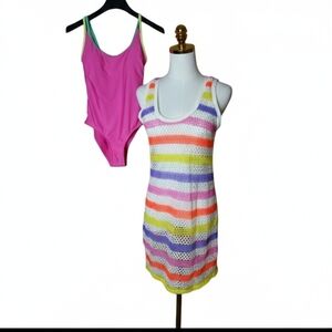 No Boundaries Women's two Swim Suit Sz S Pink Stripe  Wt Multicol Camisole Lace
